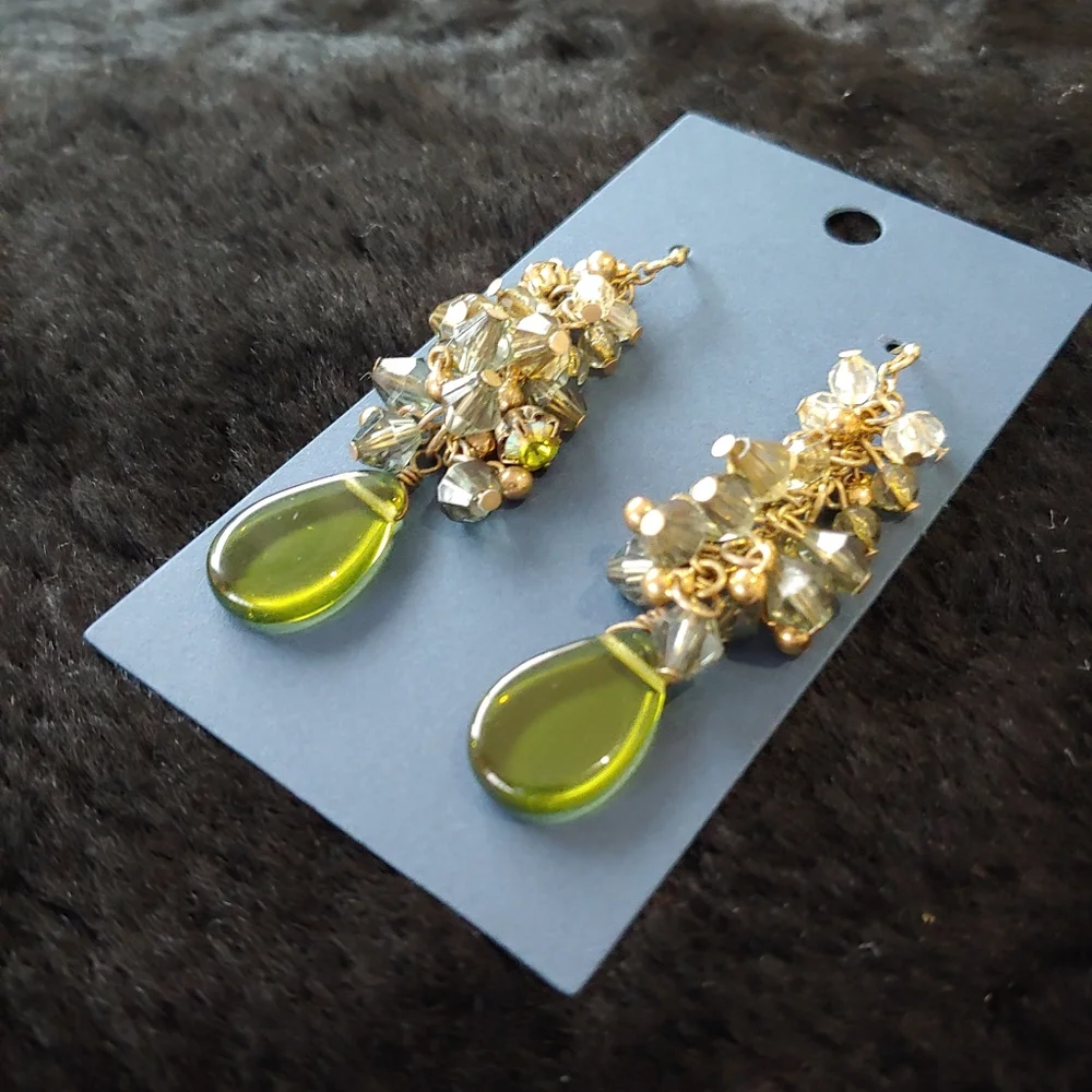 Vintage Cluster Earrings, Green/Shades Of Green, Clear Beads